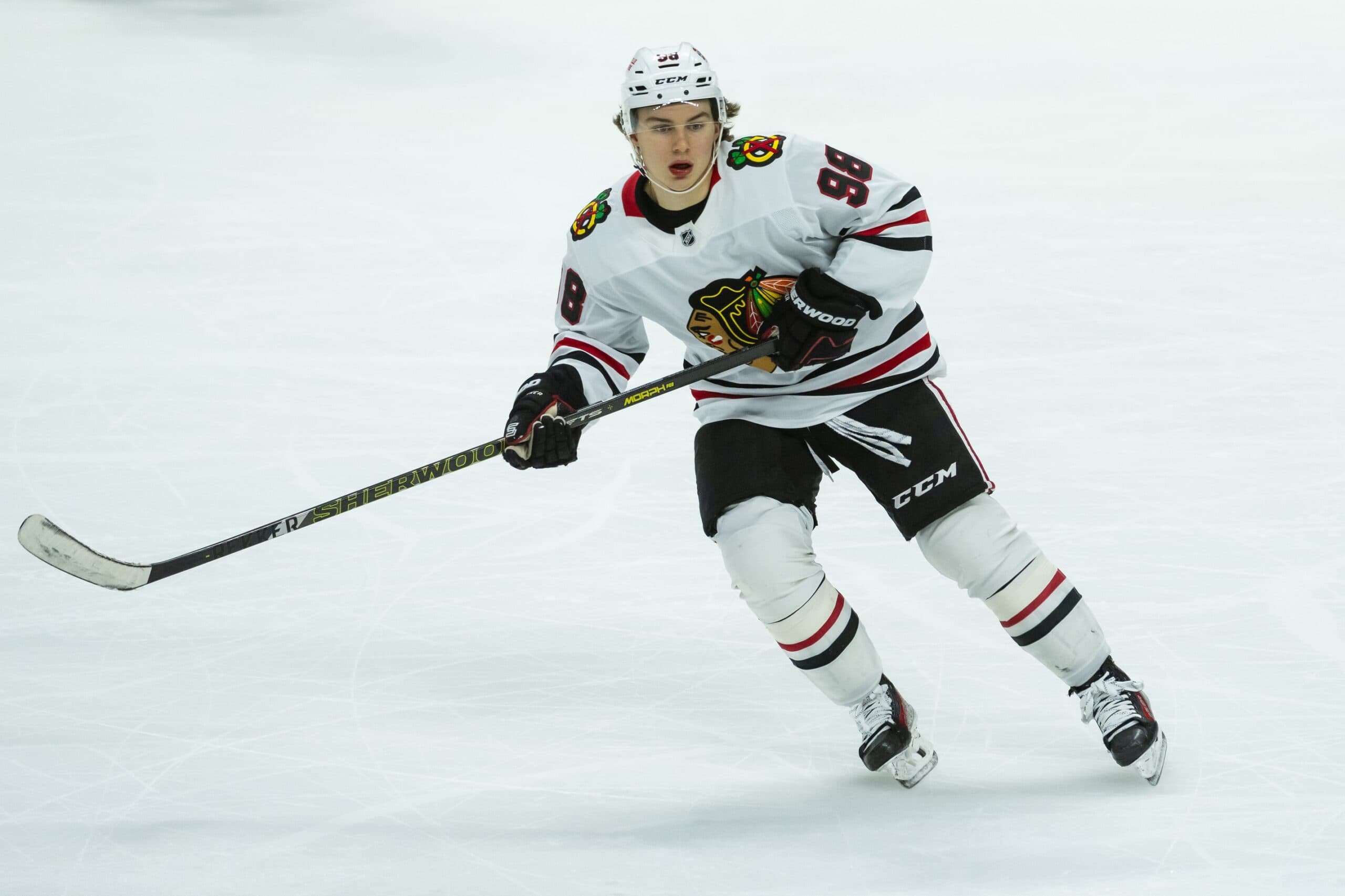Chicago Blackhawks center Connor Bedard (98) skates in the third period against the Ottawa Senators at the Canadian Tire Centre.
