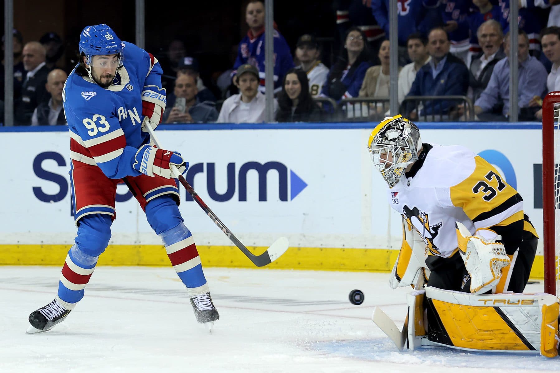 New York Rangers center Mika Zibanejad (93) takes a shot against Pittsburgh Penguins goaltender Arturs Silovs (37) during the first period at Madison Square Garden.
