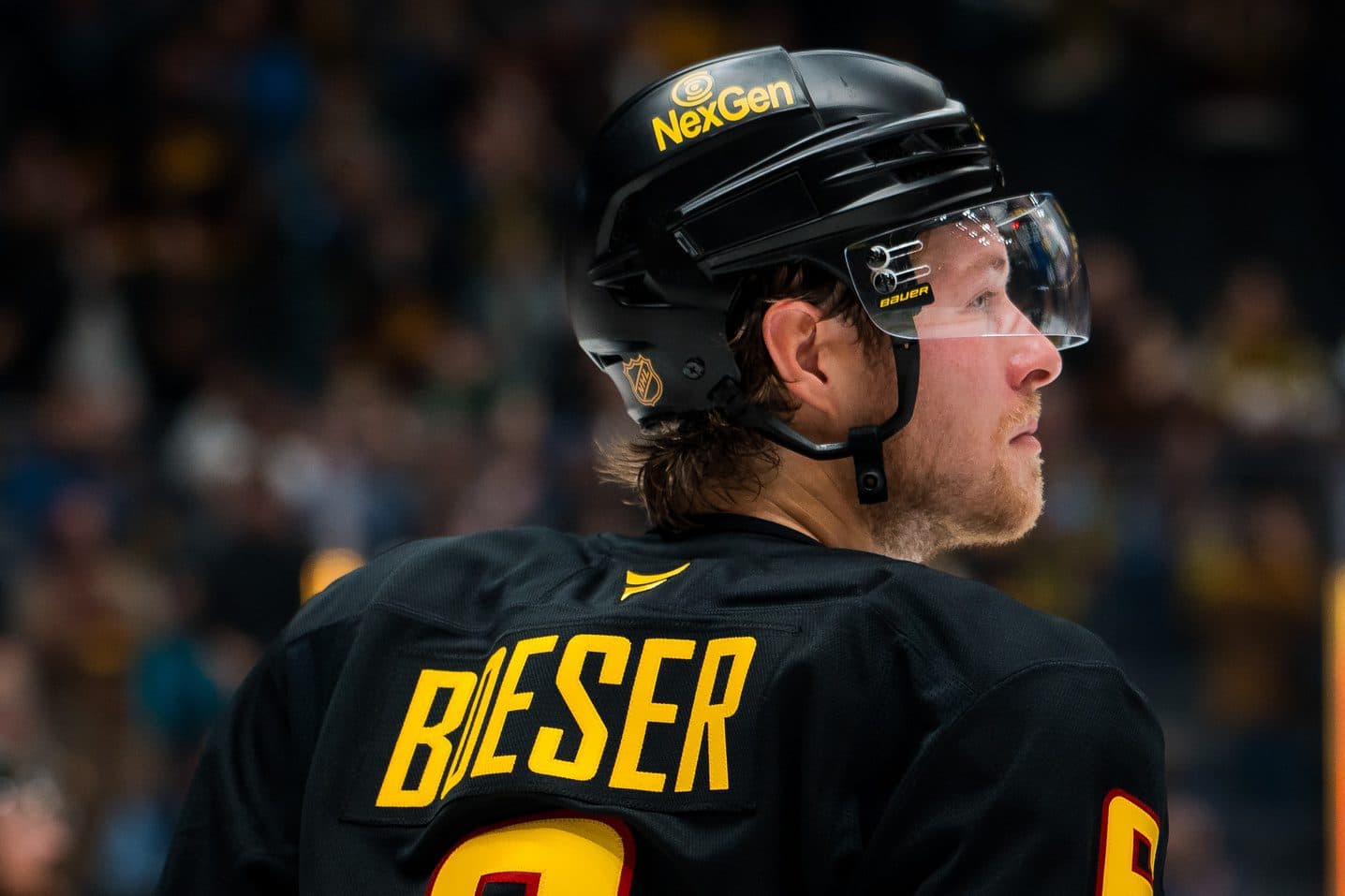 Vancouver Canucks forward Brock Boeser (6) during a stop in play against the Calgary Flames in the third period at Rogers Arena.