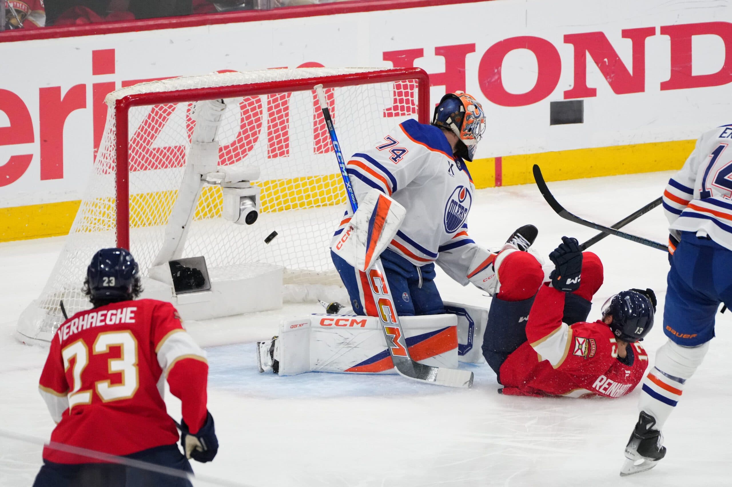 Carter Verhaeghe, Stuart Skinner and Sam Reinhart