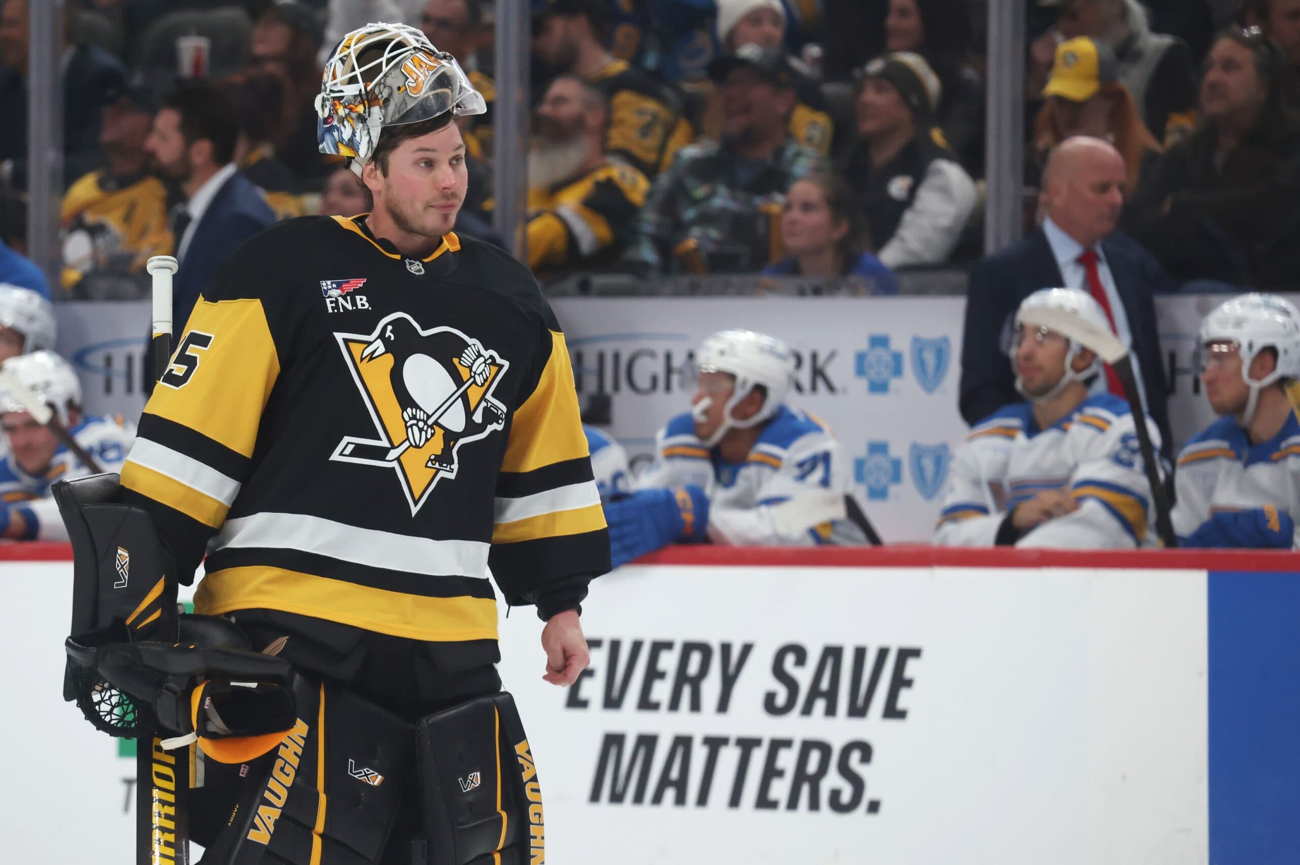 Pittsburgh Penguins goaltender Tristan Jarry (35) returns to his net against the St. Louis Blues during the second period at PPG Paints Arena.