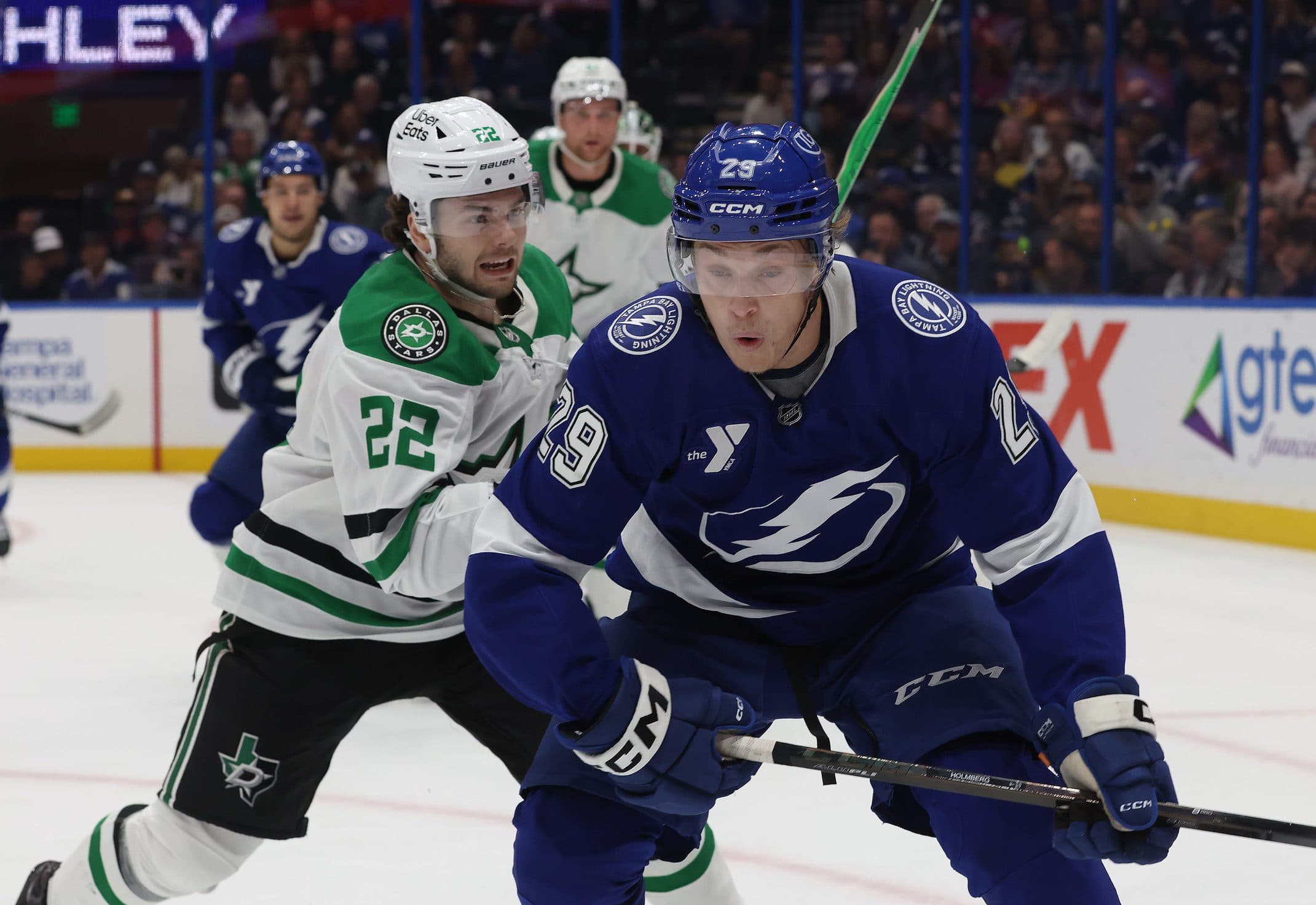 Tampa Bay Lightning right wing Pontus Holmberg (29) skates as Dallas Stars center Mavrik Bourque (22) defends during the first period at Benchmark International Arena.
