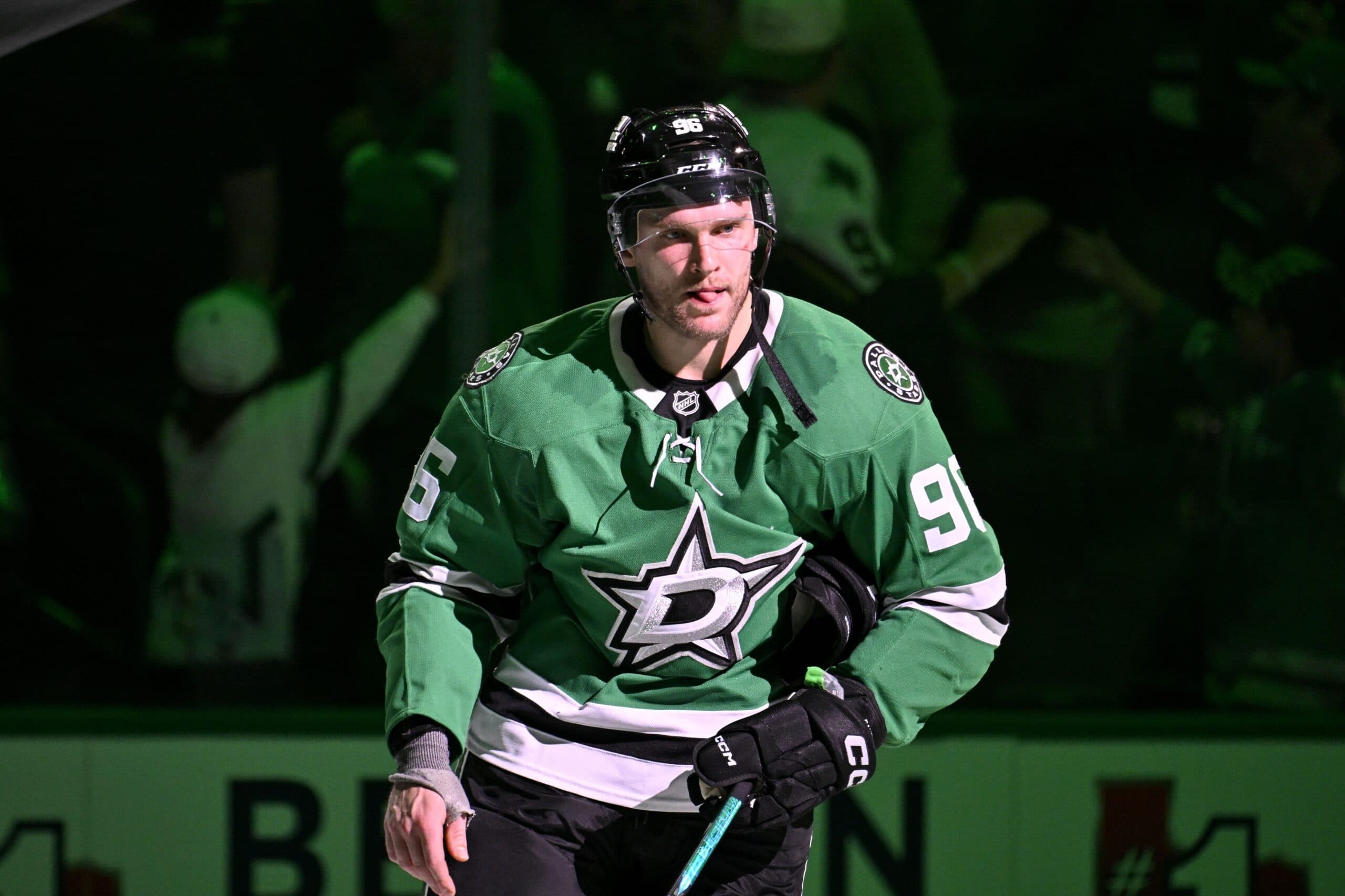 Dallas Stars right wing Mikko Rantanen (96) skates off the ice after the Stars defeat the Edmonton Oilers at the American Airlines Center.