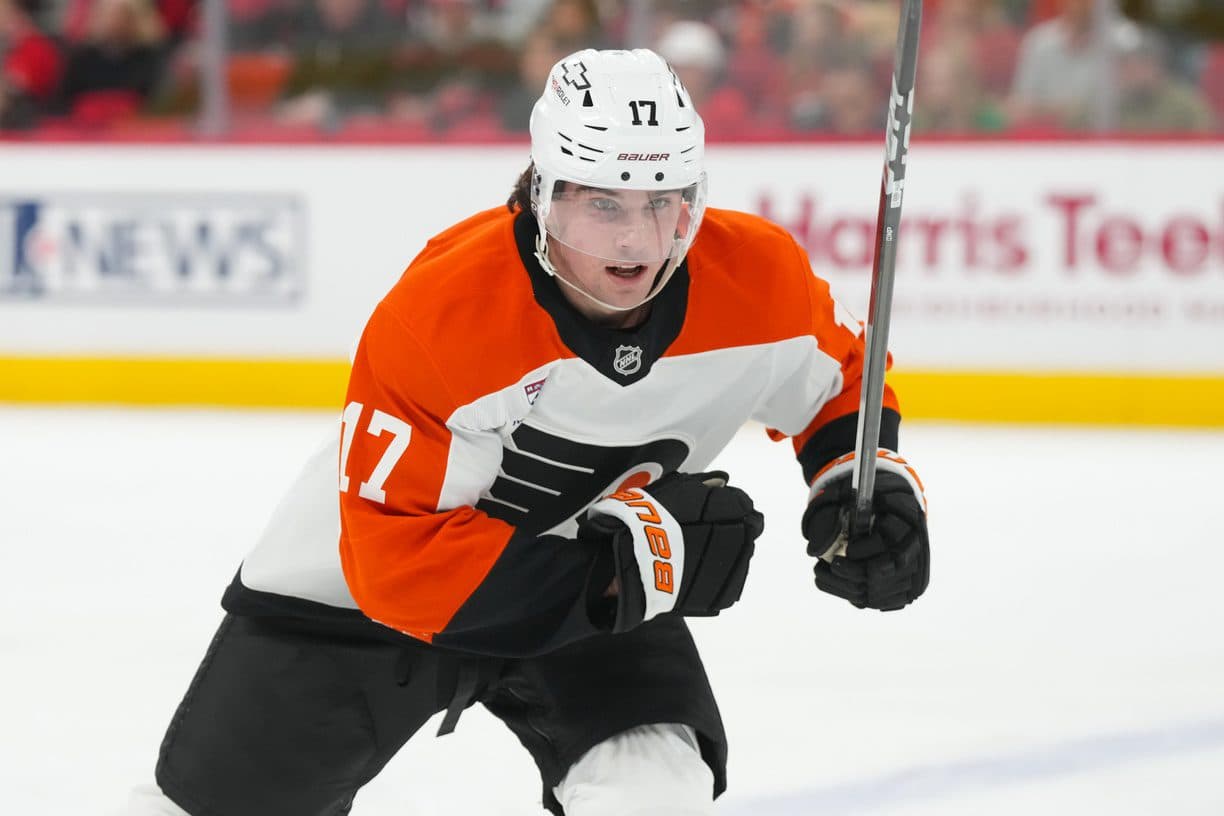 Philadelphia Flyers right wing Tyson Foerster (71) skates against the Carolina Hurricanes during the first period at Lenovo Center.