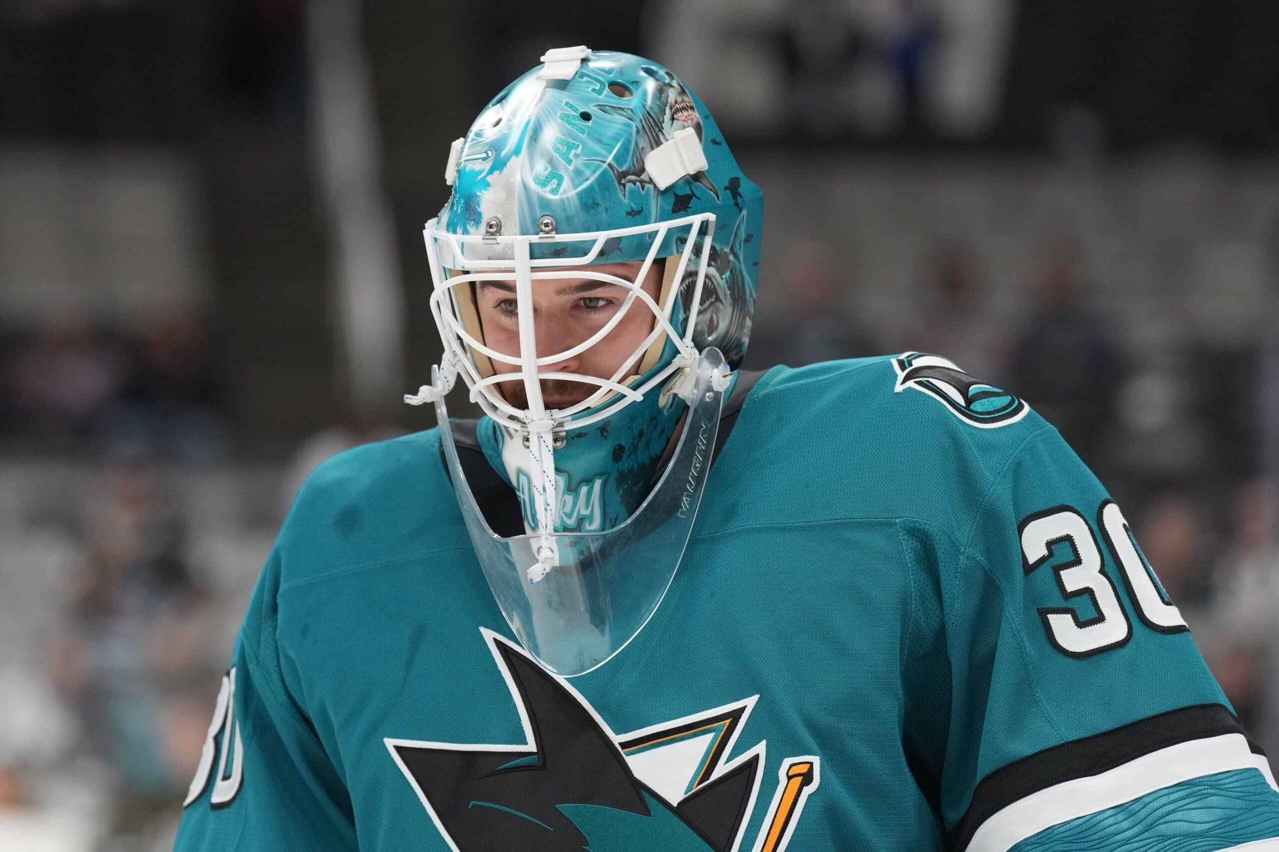 San Jose Sharks goaltender Yaroslav Askarov (30) before the game against the Florida Panthers at SAP Center at San Jose.