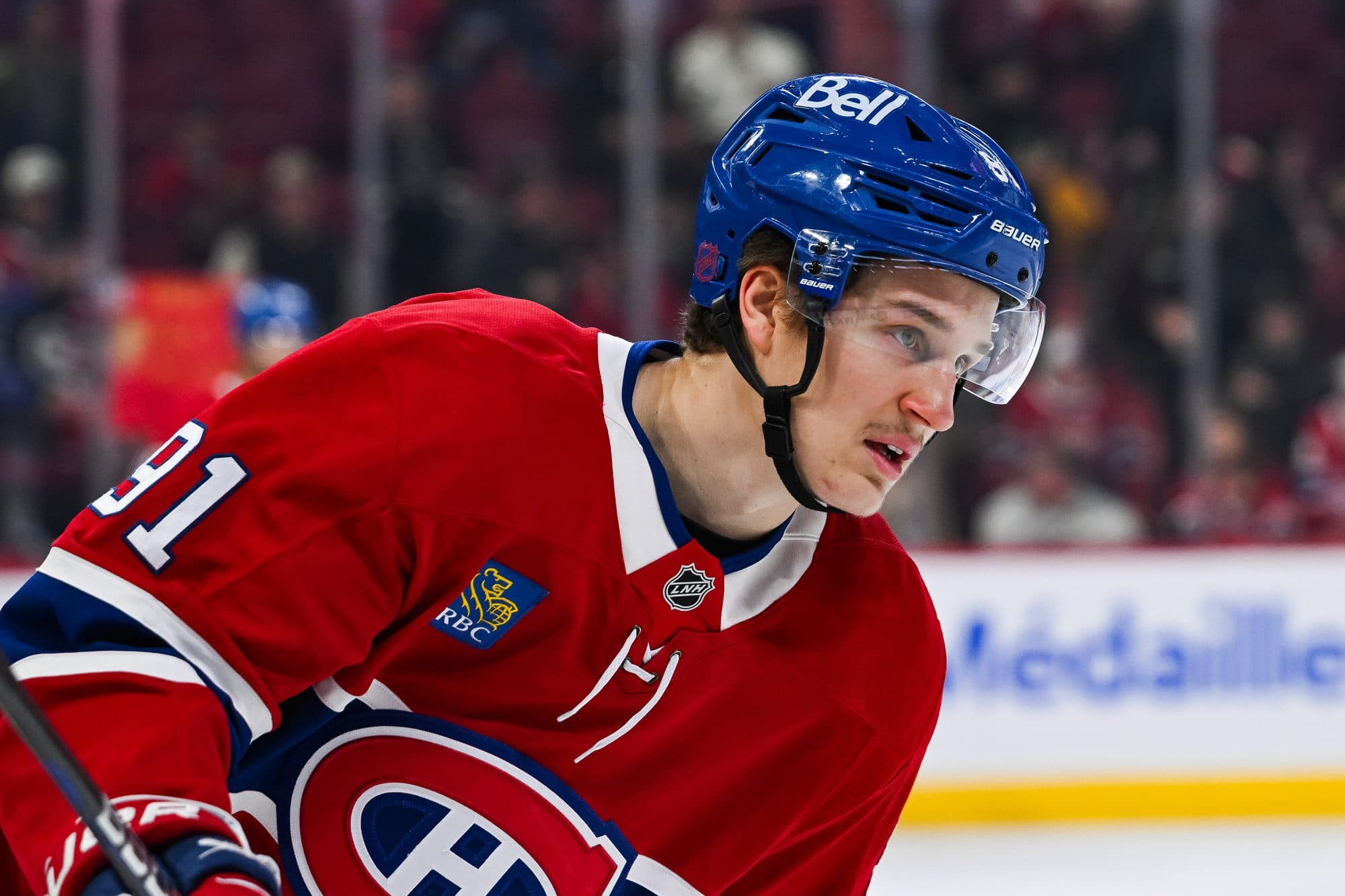 Montreal Canadiens center Oliver Kapanen (91) looks on during warm-up before the game against the Dallas Stars at Bell Centre.