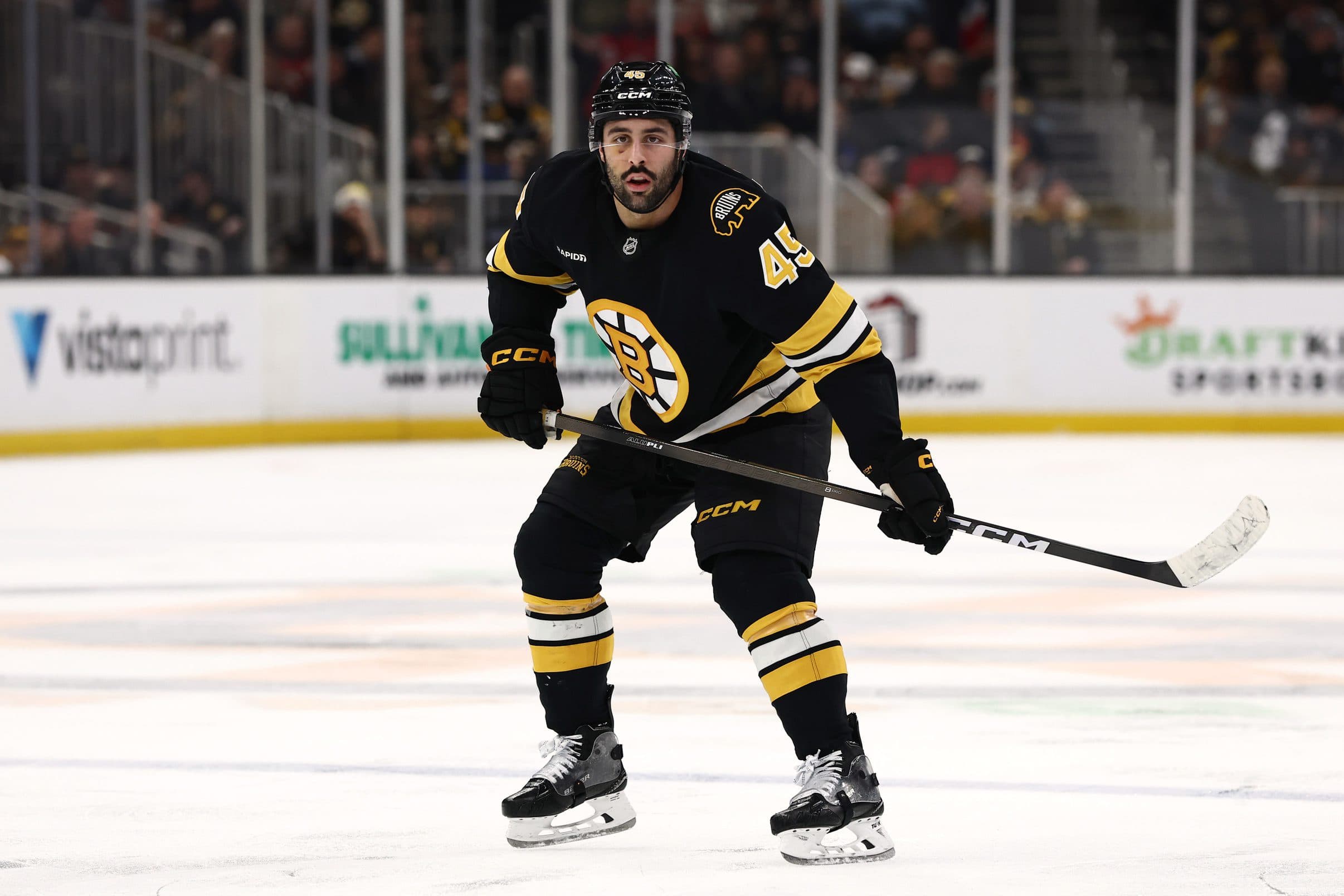 Boston Bruins defenseman Jonathan Aspirot (45) skates against the New Jersey Devils during the third period at TD Garden.