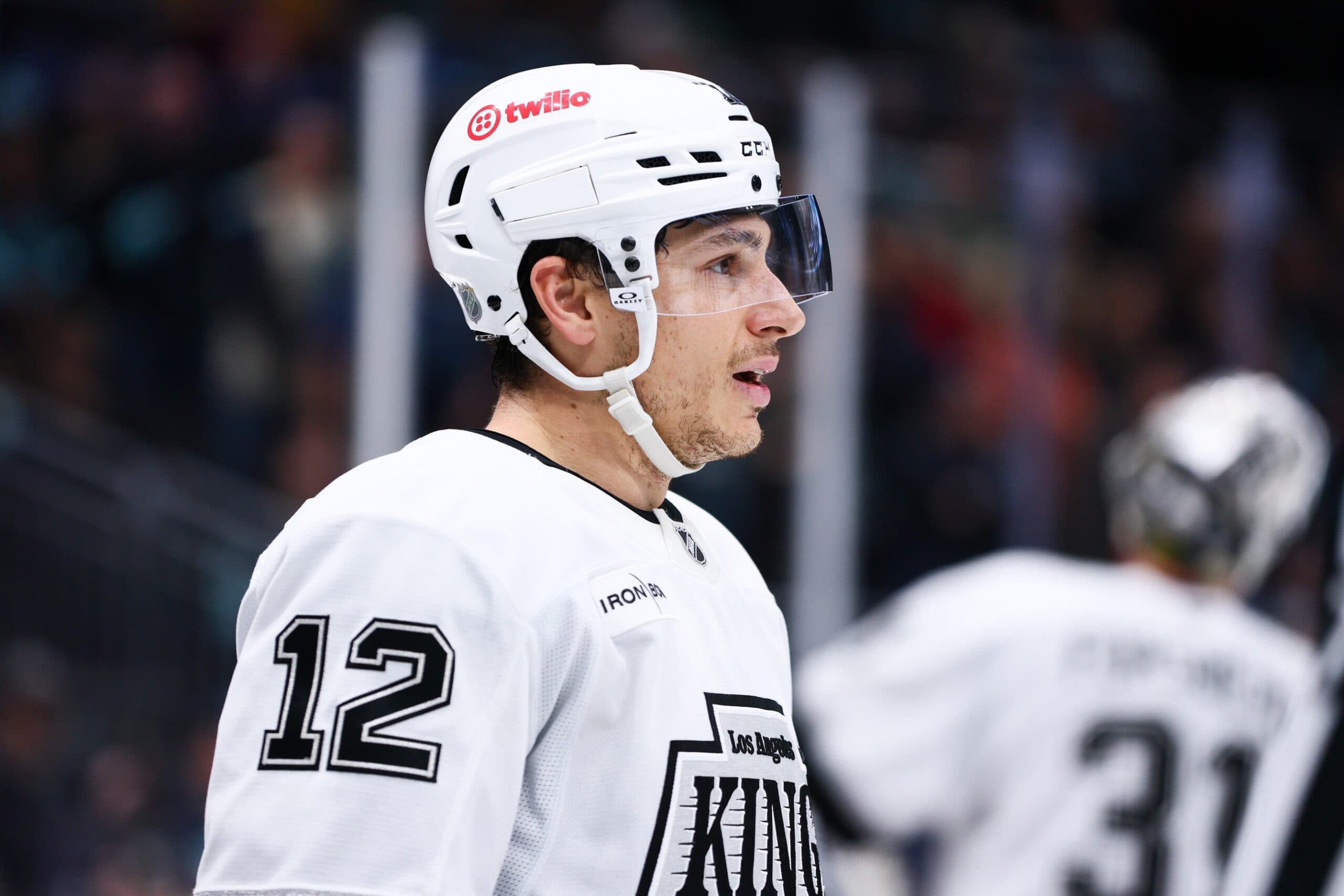 Los Angeles Kings left wing Trevor Moore (12) looks on during the third period against the Seattle Kraken at Climate Pledge Arena.