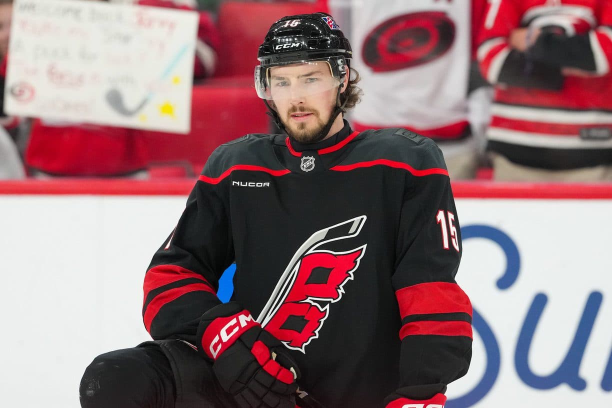 Carolina Hurricanes center Noah Philp (15) looks on during the warmups before the game against the Dallas Stars at Lenovo Center.