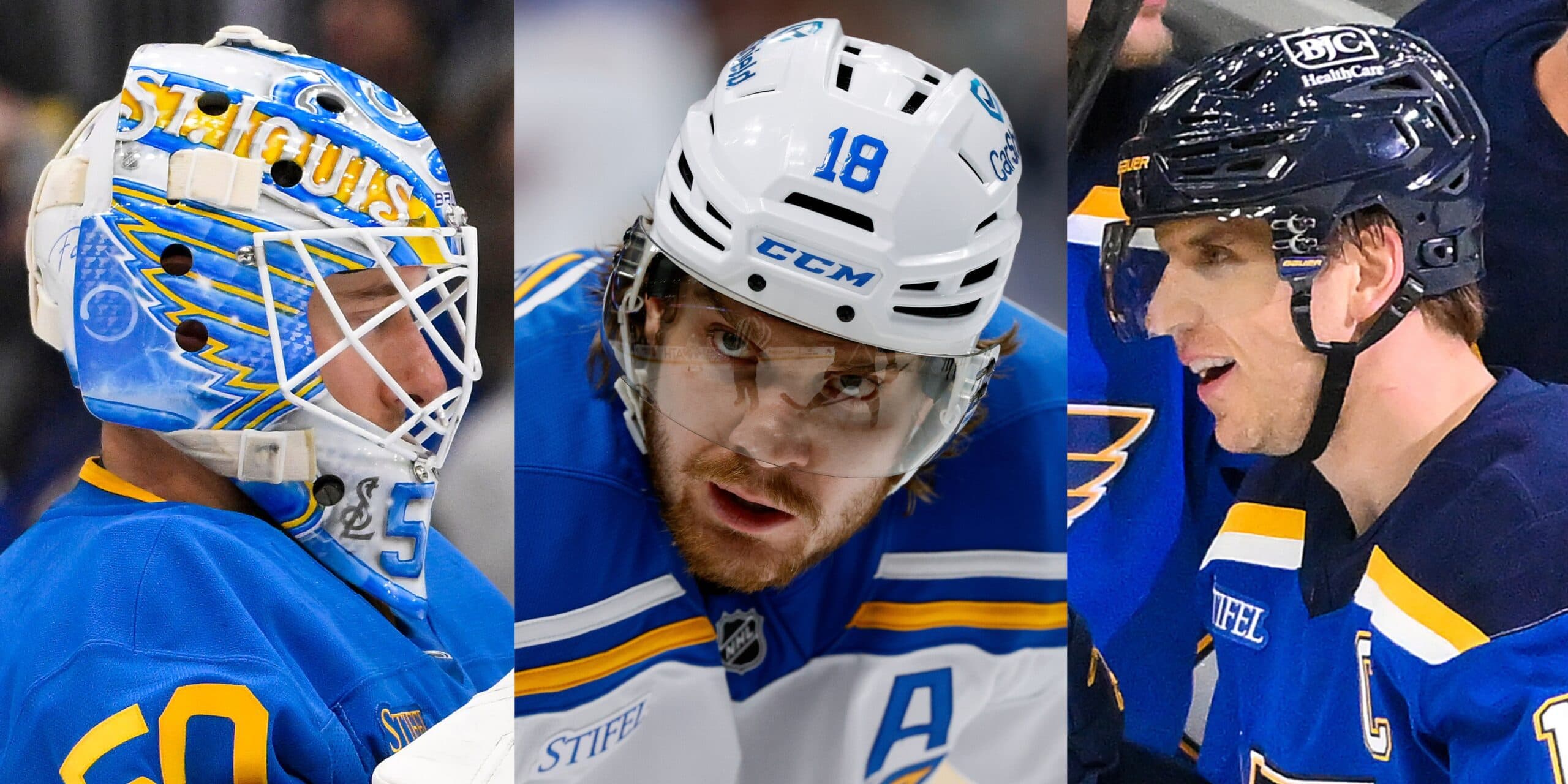Jordan Binnington, Robert Thomas and Brayden Schenn (Photos from Imagn Images)