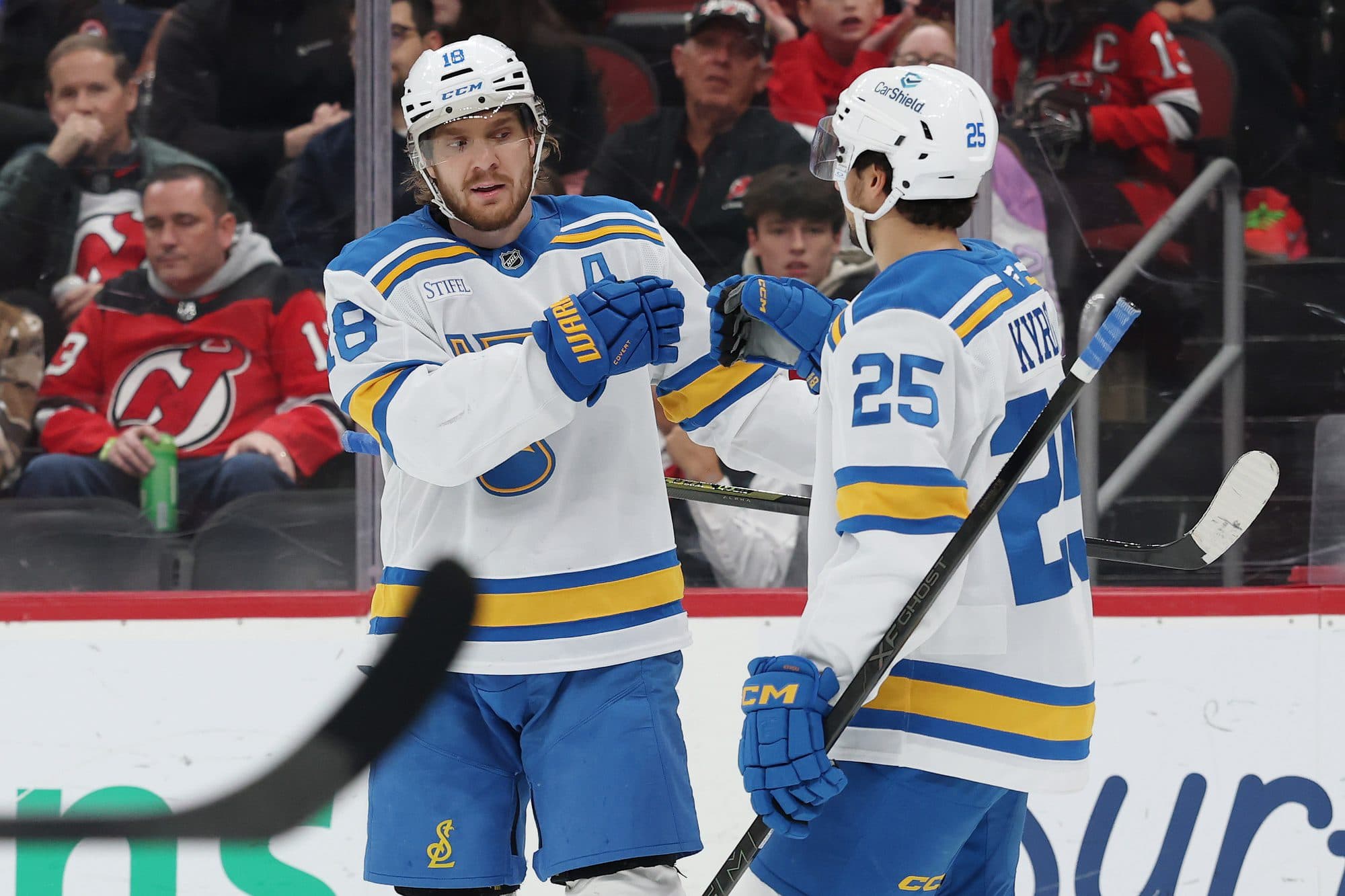 St. Louis Blues center Robert Thomas (18) celebrates his goal against the New Jersey Devils during the first period at Prudential Center.