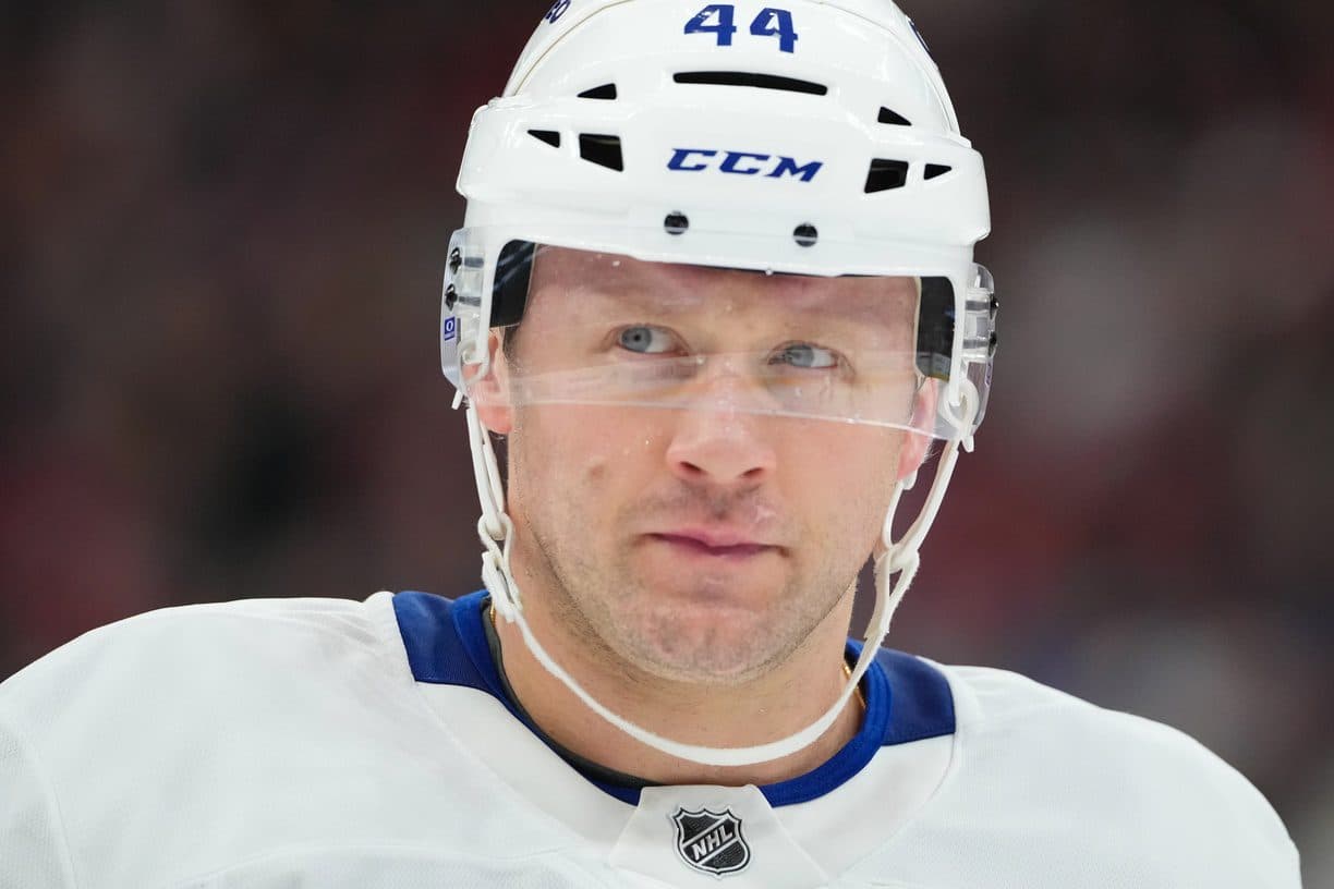 Toronto Maple Leafs defenseman Morgan Rielly (44) looks on against the Carolina Hurricanes during the first period at Lenovo Center.