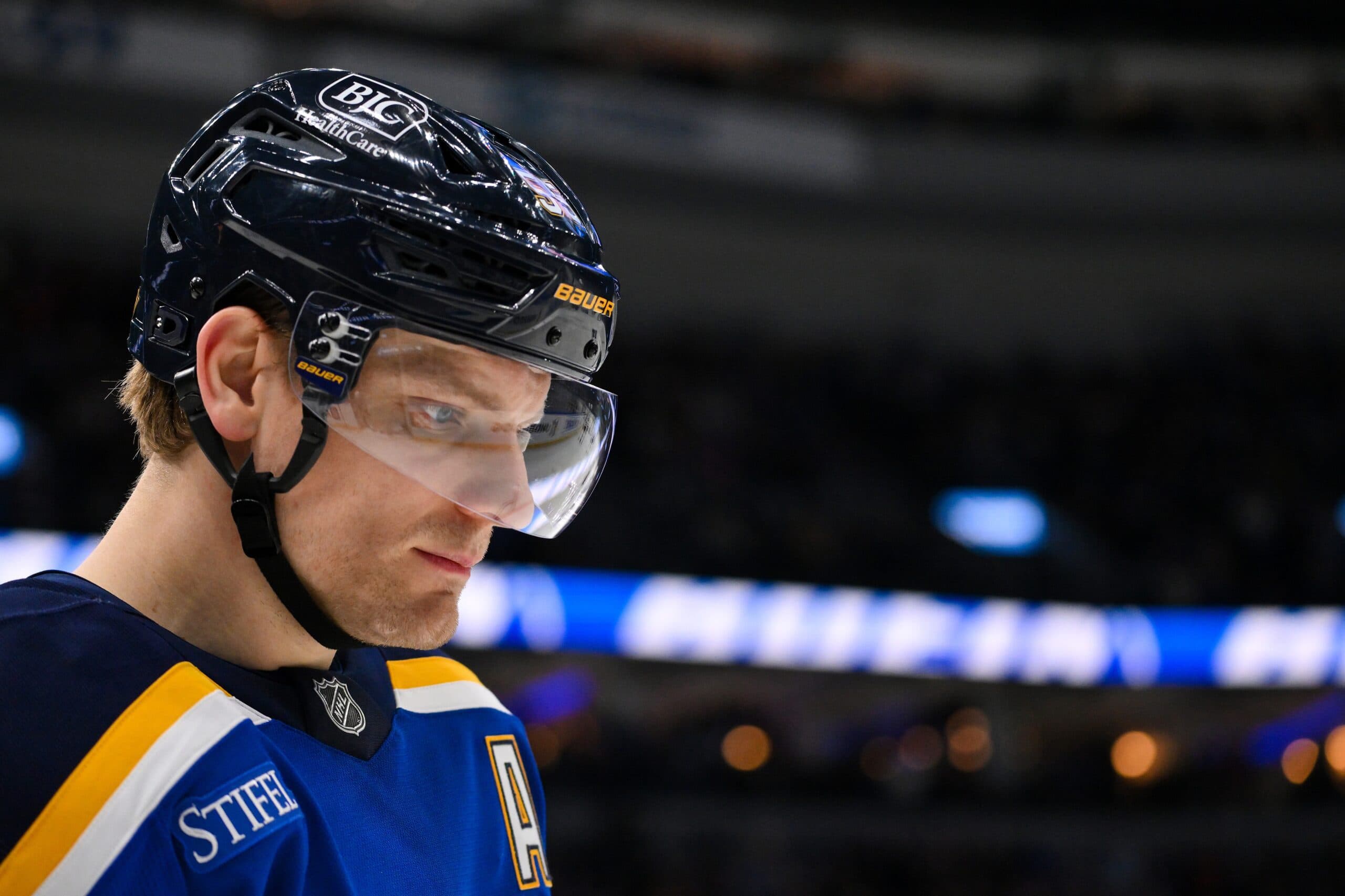 St. Louis Blues defenseman Colton Parayko (55) looks on during the first period against the Dallas Stars at Enterprise Center.