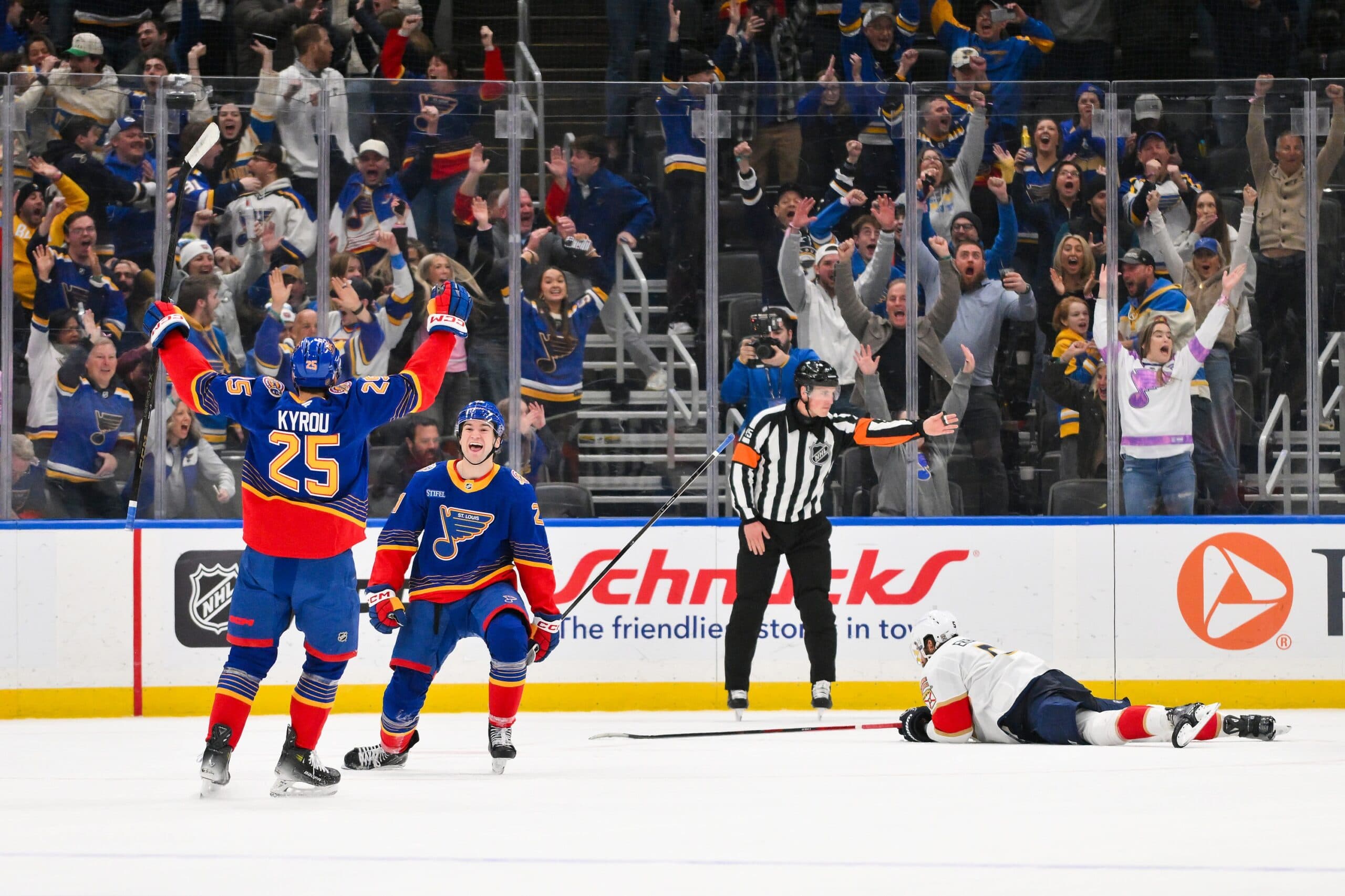 St. Louis Blues right wing Jimmy Snuggerud (21) celebrates with right wing Jordan Kyrou (25) after scoring the game winning goal against the Florida Panthers during the third period at Enterprise Center.