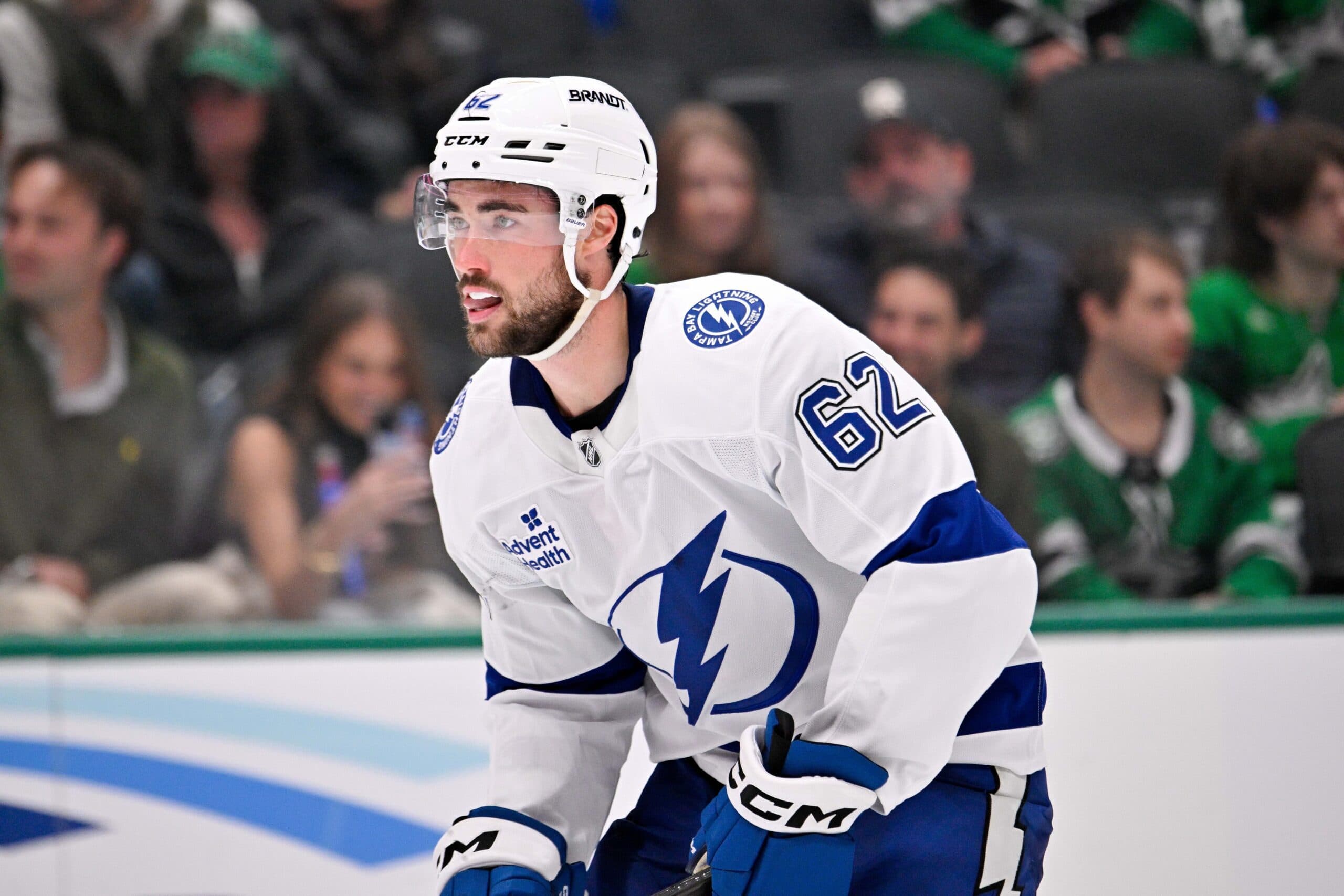 Tampa Bay Lightning center Jack Finley (62) skates against the Dallas Stars during the game at the American Airlines Center.