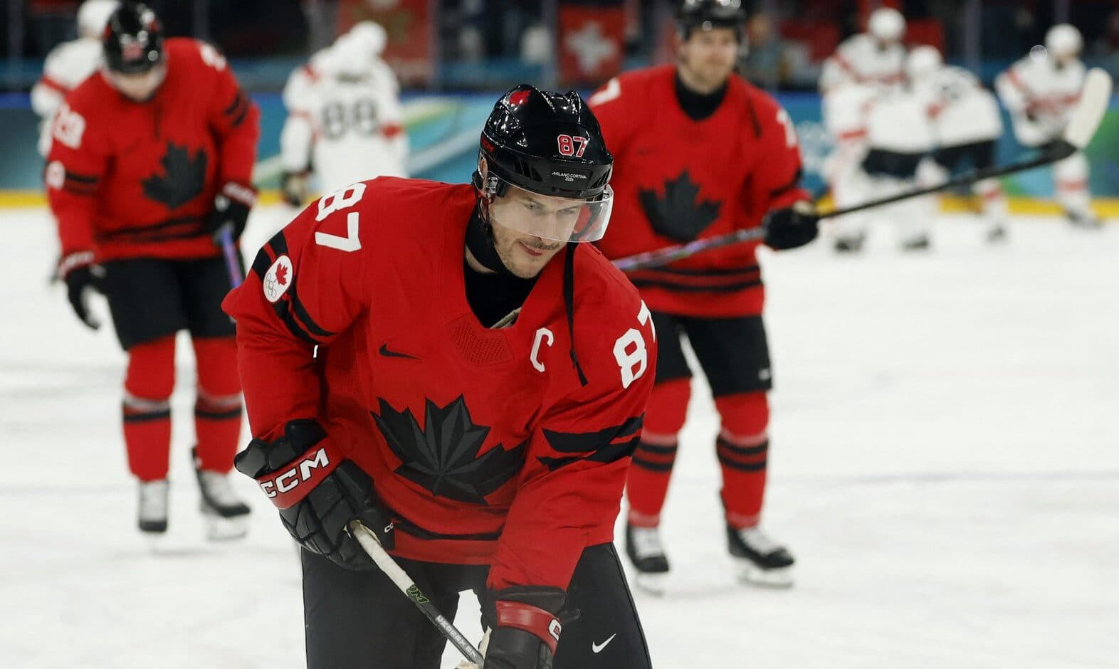 Sidney Crosby of Canada during the warm up before the match against Switzerland in men's ice hockey group A play during the Milano Cortina 2026 Olympic Winter Games at Milano Santagiulia Ice Hockey Arena.