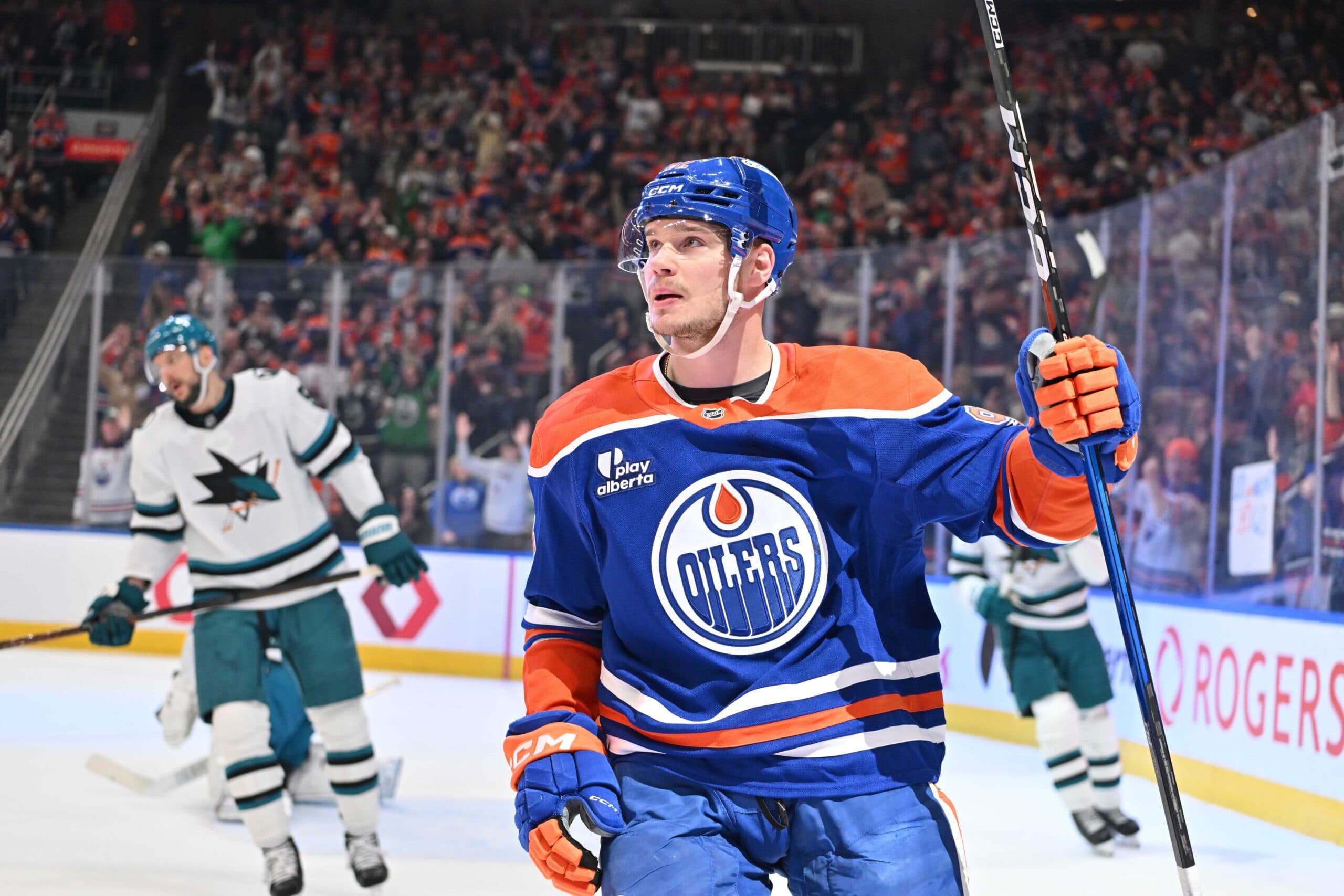 Edmonton Oilers right winger Vasily Podkolzin (92) is seen out on the ice in a game against the San Jose Sharks during the first period at Rogers Place.