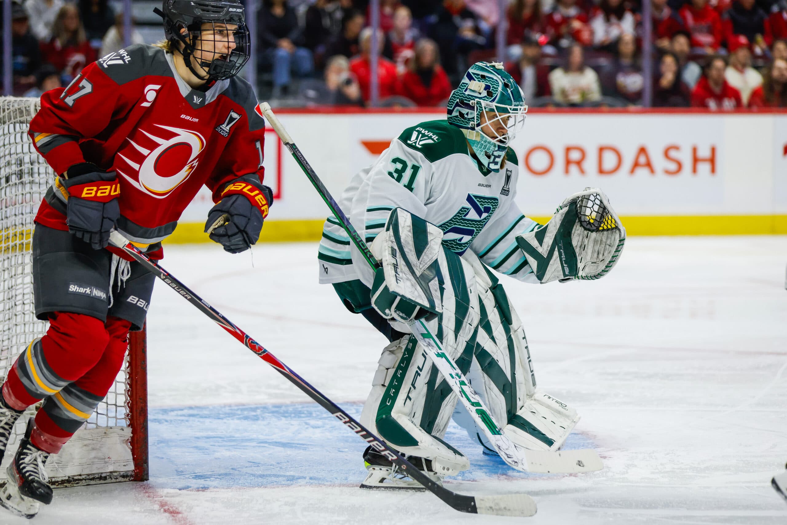 Ottawa Charge forward Gabbie Hughes, Boston Fleet goaltender Aerin Frankel
