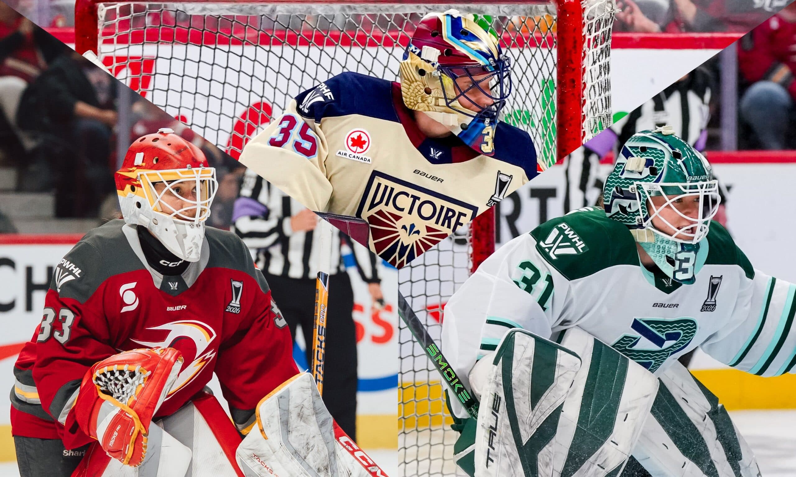 Boston Fleet goaltender Aerin Frankel, Ottawa Charge goaltender Gwyneth Philips, Montreal Victoire goaltender Ann-Renee Desbiens