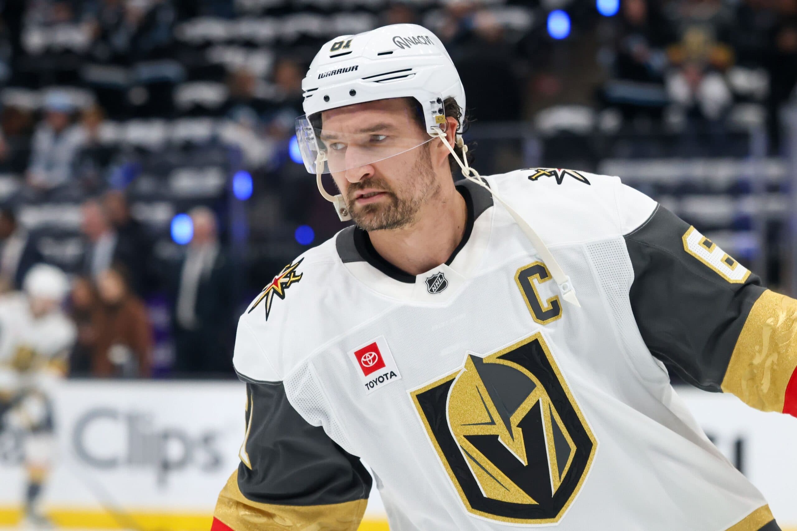 Vegas Golden Knights right wing Mark Stone (61) warms up before a game against the Utah Mammoth in game four of the first round of the 2026 Stanley Cup Playoffs at Delta Center.
