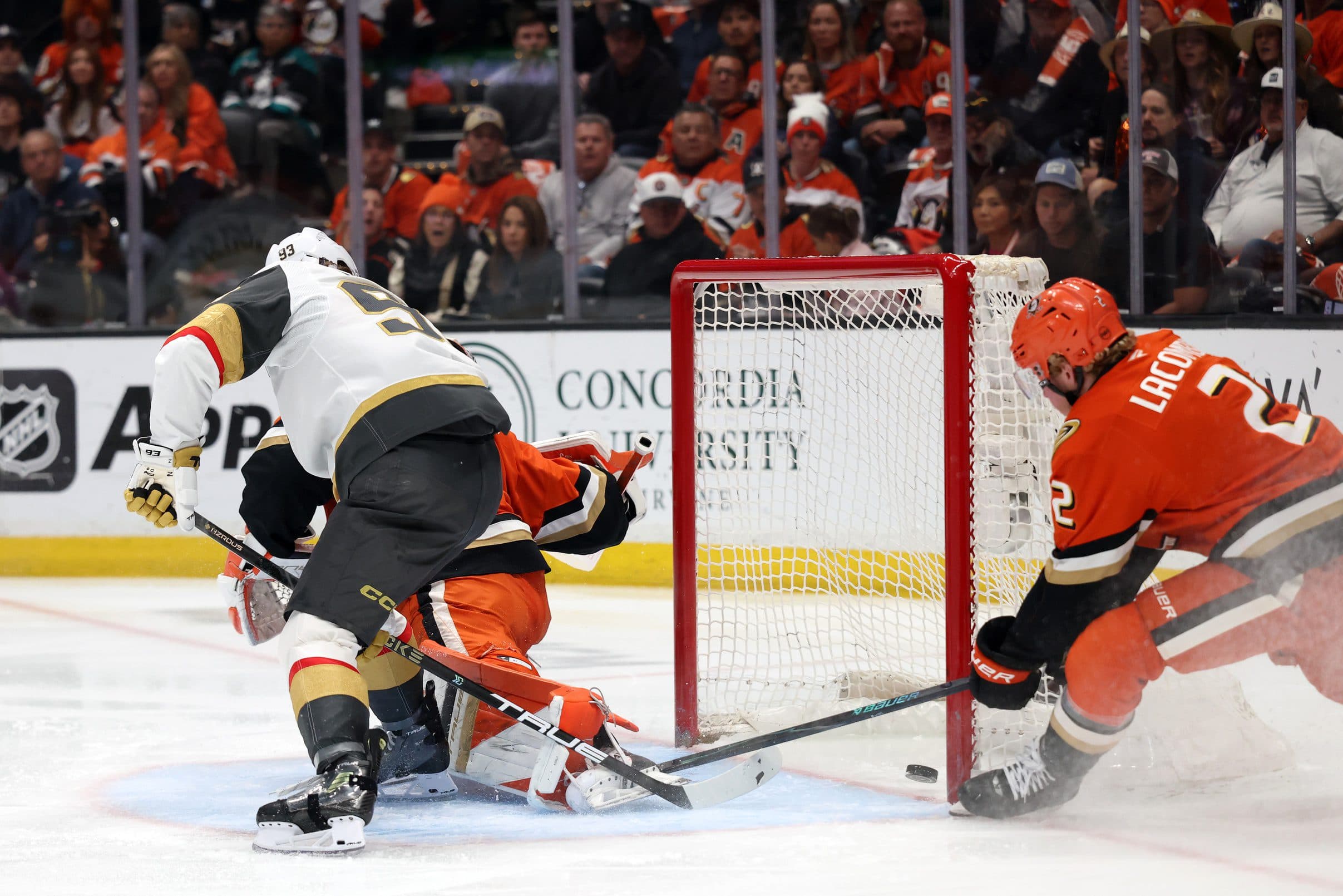 Vegas Golden Knights right wing Mitch Marner (93) scores a goal against Anaheim Ducks goaltender Lukas Dostal (1) during the first period in game six of the second round of the 2026 Stanley Cup Playoffs at Honda Center.