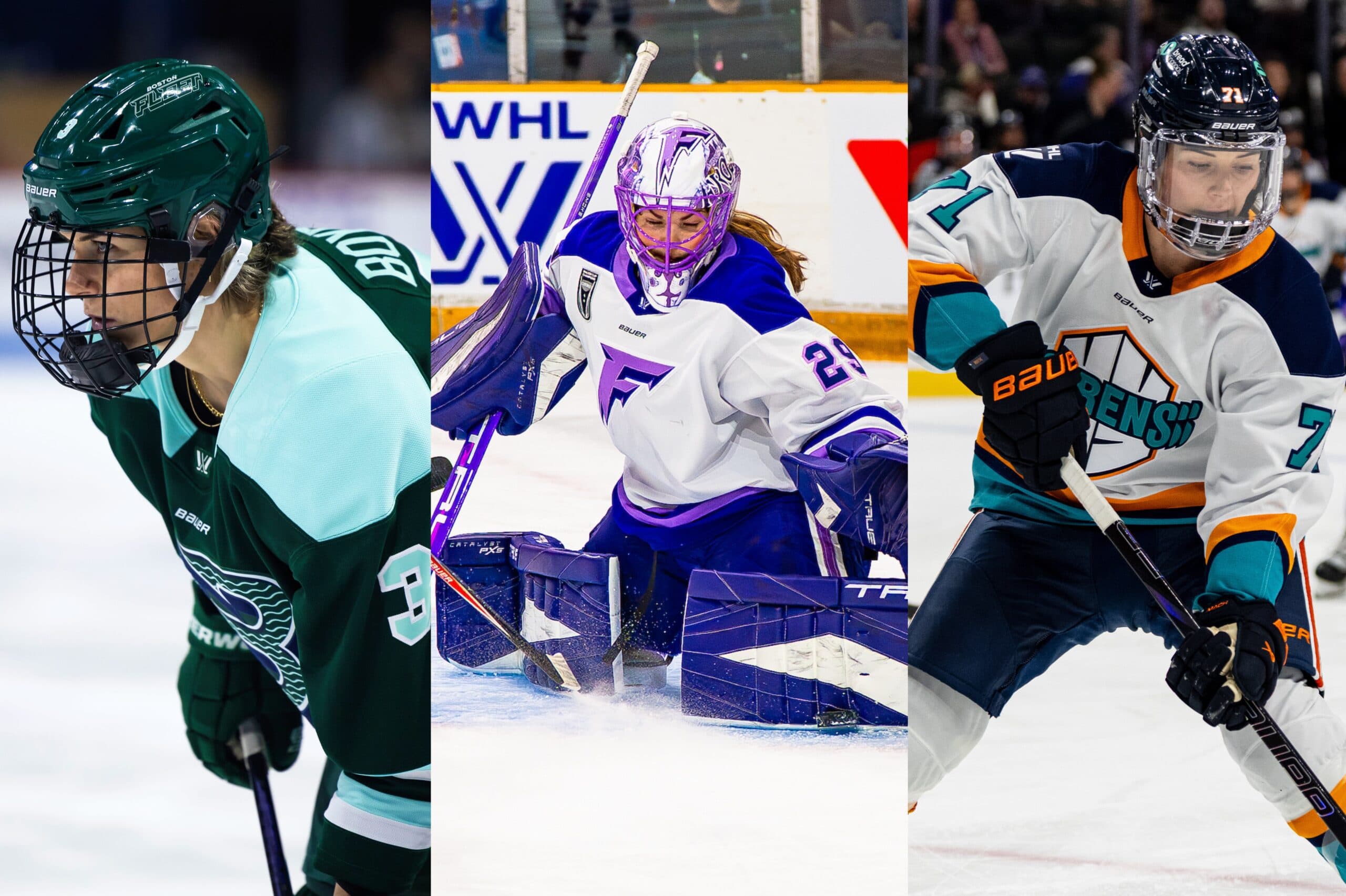 PWHL Hamilton defender Zoe Boyd, Las Vegas goaltender Nicole Hensley, New York Sirens forward Taylor Girard
