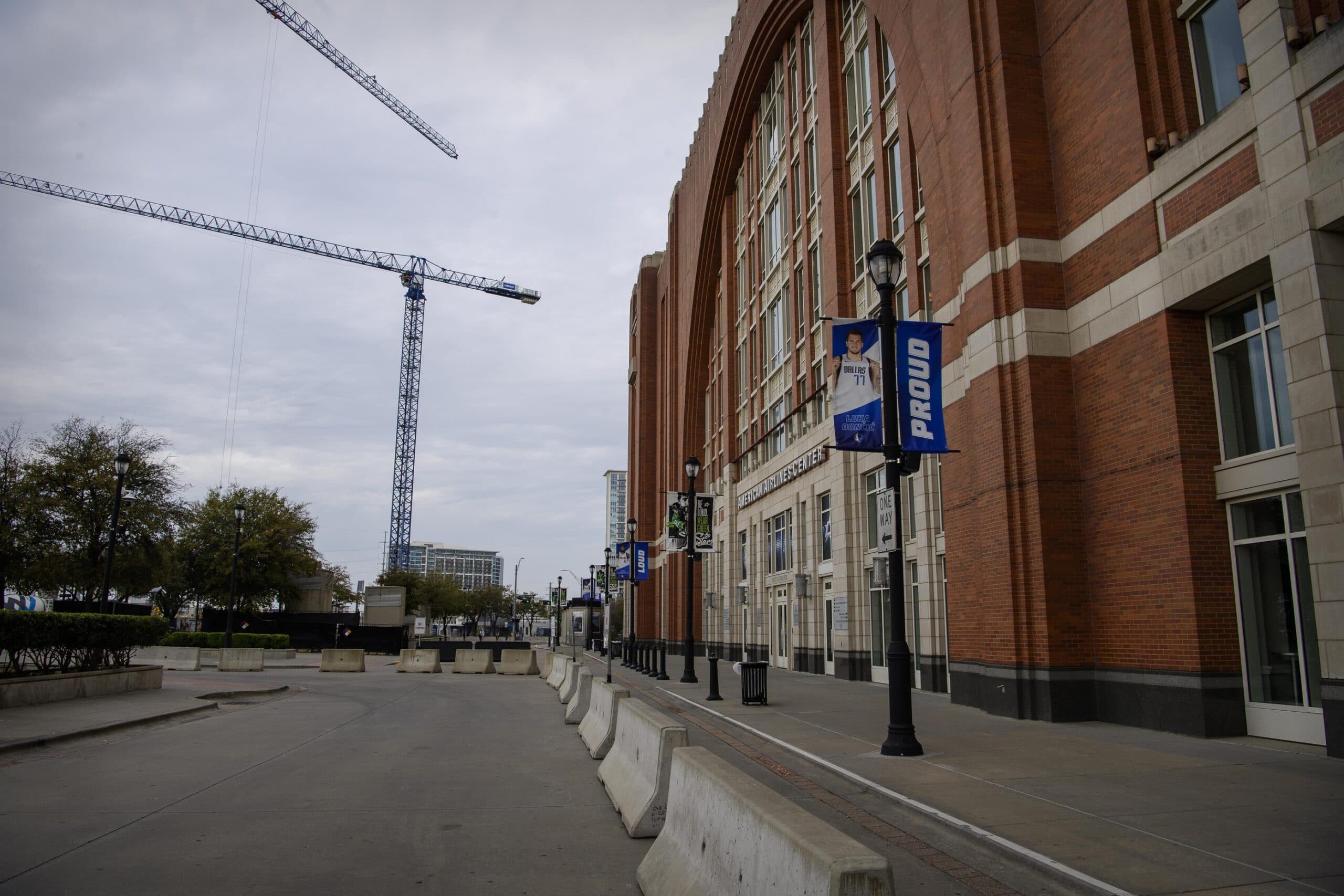A view of a banner for Dallas Mavericks point guard Luka Doncic outside of the American Airlines Center, home of the NBA Mavericks and NHL Dallas Stars after the announcement of the suspension of the NHL and NBA seasons due to the Coronavirus Disease (COVID-19).