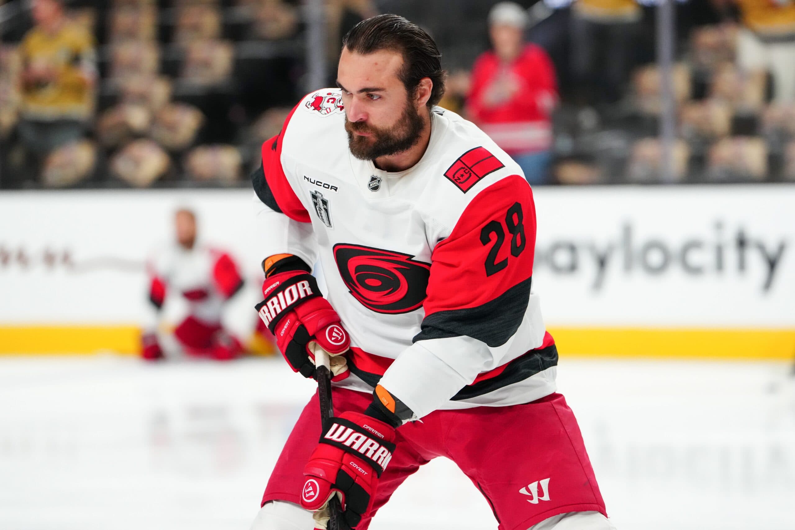 Carolina Hurricanes left wing William Carrier (28) warms up prior to game three of the 2026 Stanley Cup Final against the Vegas Golden Knights at T-Mobile Arena.