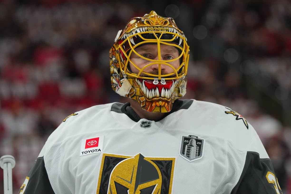 Vegas Golden Knights goaltender Adin Hill (33) takes the ice for warm ups before game five of the 2026 Stanley Cup Final against the Carolina Hurricanes at Lenovo Center.