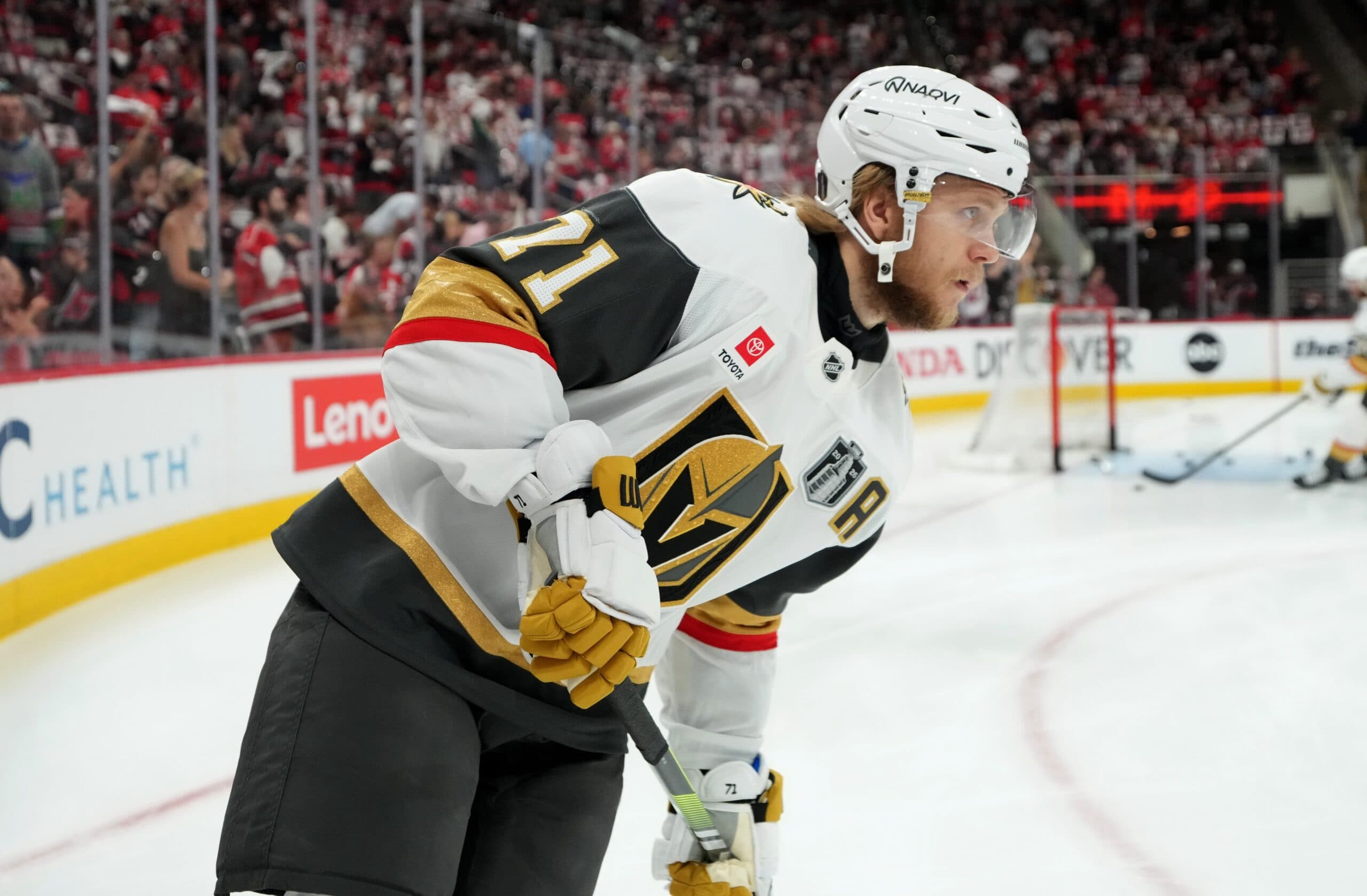 Vegas Golden Knights center William Karlsson (71) warms up before game five of the 2026 Stanley Cup Final against the Carolina Hurricanes at Lenovo Center.