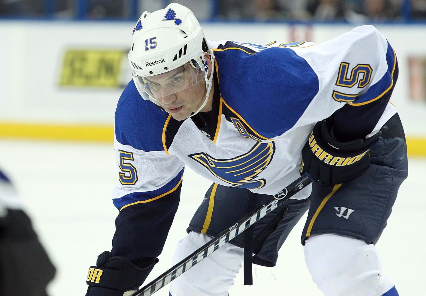 St. Louis Blues right wing Jamie Langenbrunner (15) against the Tampa Bay Lightning during the first period at Tampa Bay Times Forum.
