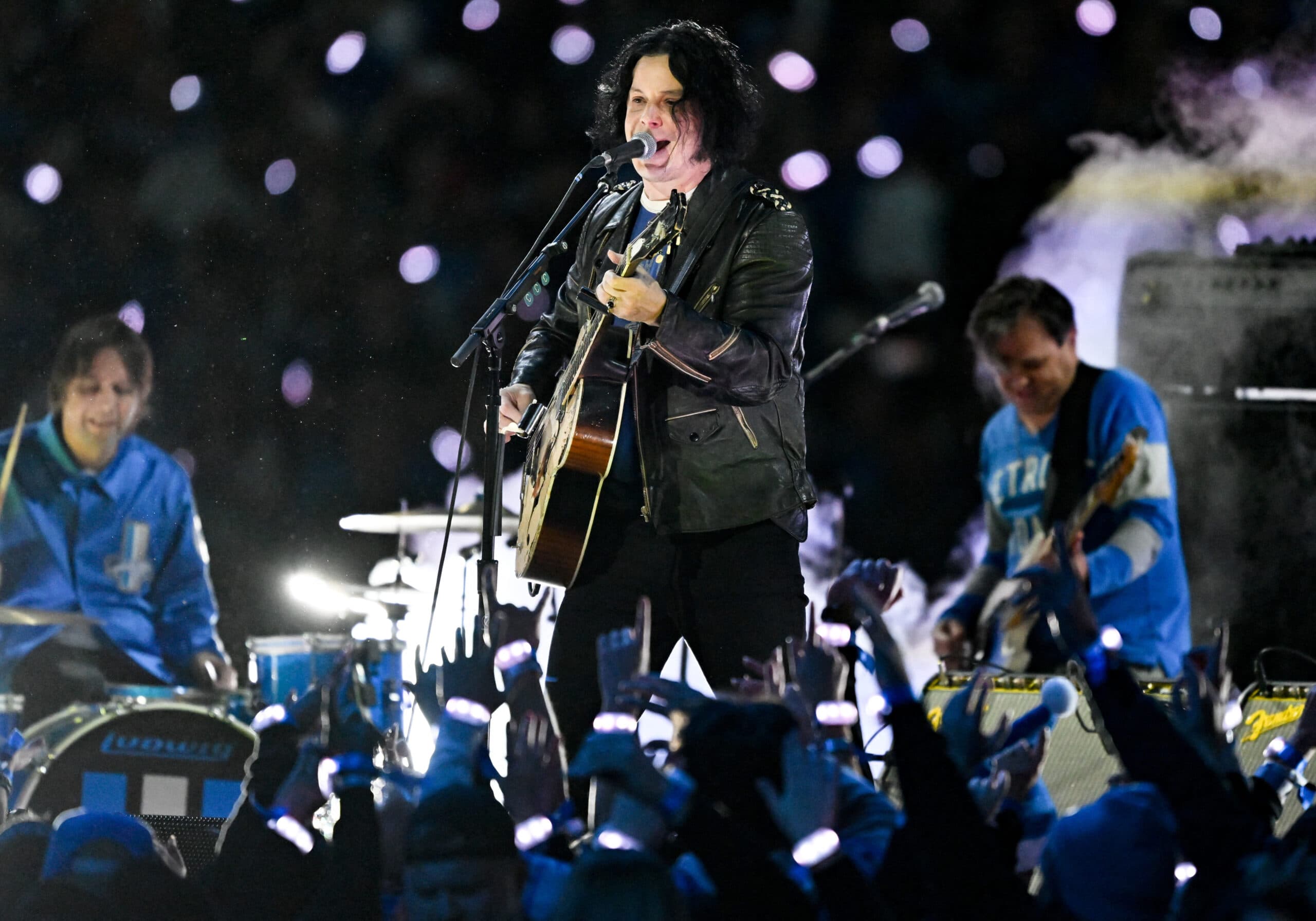 Jack White performs during halftime of the game between the Green Bay Packers and Detroit Lions at Ford Field.