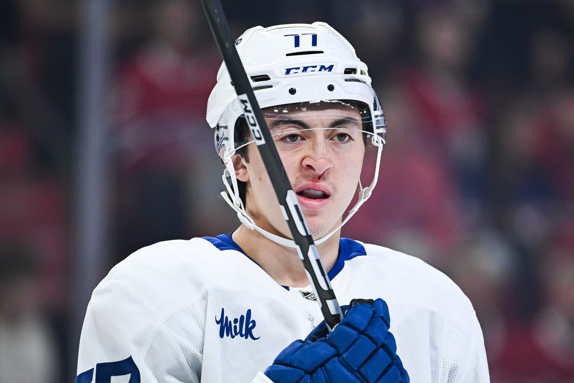 Toronto Maple Leafs forward Ryan Tverberg (77) has a small nose bleed against the Montreal Canadiens during the first period at Bell Centre.